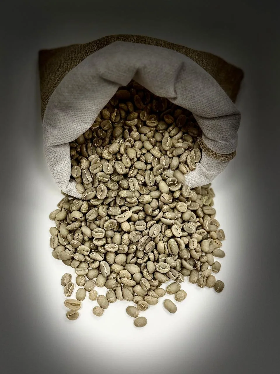 Green coffee in a small sample sack from the original MRGT catalogue