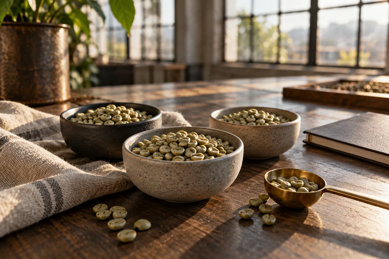 Green coffee samples arranged for a purchasing review.