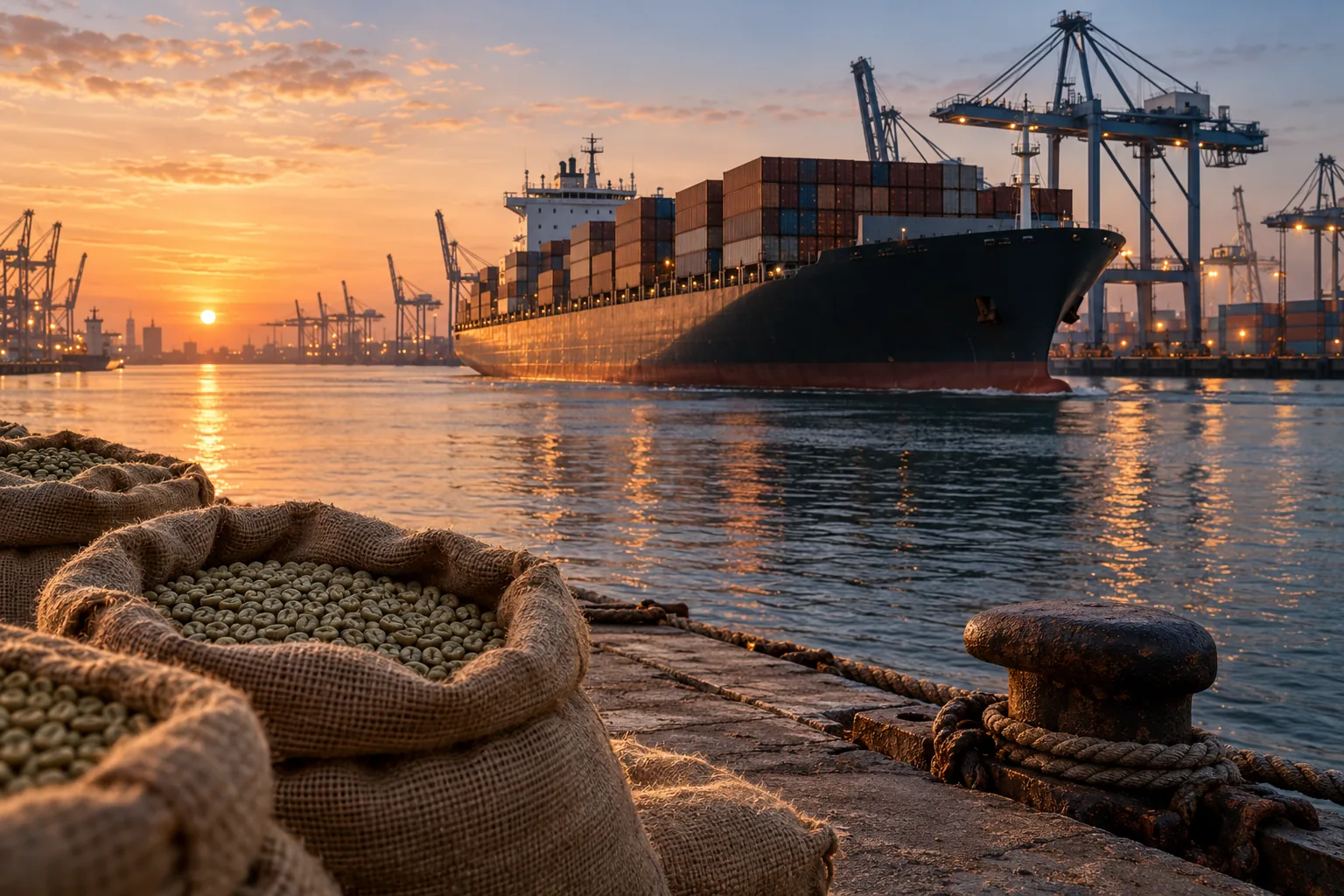 Container shipping and coffee sacks at a commercial port.