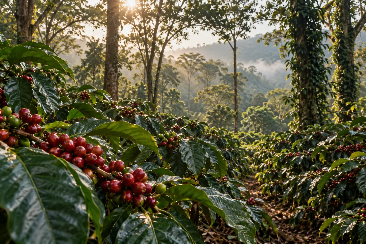 Ripening coffee cherries beneath shade trees.