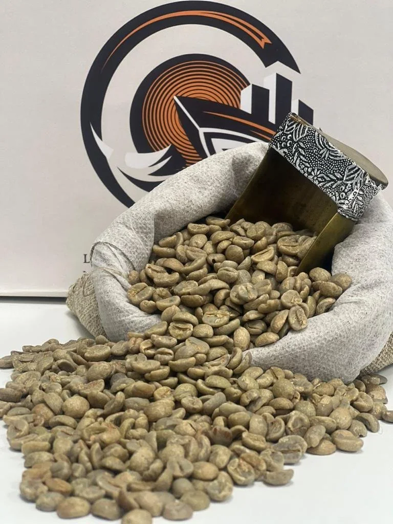 Green coffee in a small sample sack from the original MRGT catalogue